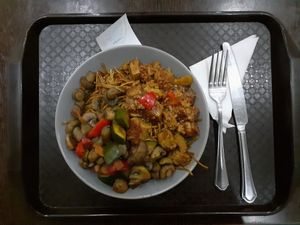 Mushrooms, spicy tofu and noodles at 96 Zen Etterem in Budapest