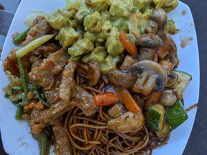 Choice of 3 served with noodles (can also have rice) at 96 Zen Etterem in Budapest