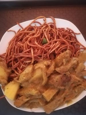 Noodle with potato-based curry at 96 Zen Etterem in Budapest