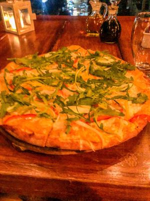 Veggie pizza with vegan cheese at La Traviata in Puerto Vallarta