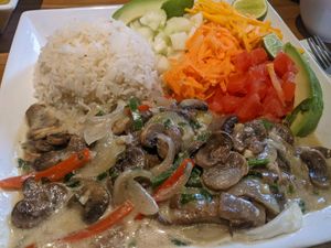 Mushroom stir fry in white sauce with rice and salad at Amaranto in Guayaquil