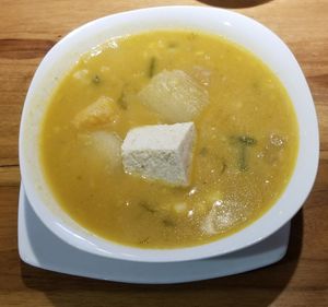 Soup full of vegan surprises (tofu,  beans,  potatoes,  corn, etc) at Amaranto in Guayaquil