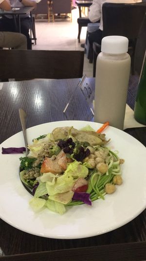 Mixed salad (around 25rmb) & milk tea in a glass bottle (which they reuse)  at Pure Sue in Guangzhou
