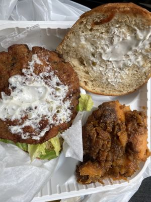 Crab cake sandwich with sweet potatoes  at NuVegan in College Park