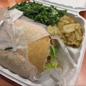 Black bean burger, cooked cabbage,kale salad at NuVegan in College Park