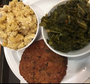 crab cake, Mac & cheese, collard greens at NuVegan in College Park