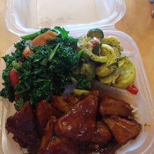 Bbq tofu with red wine kale salad and summer squash at NuVegan in College Park