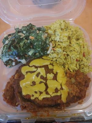 Eggplant Parm, Curry Yuba Salad, and Ginger Collards at NuVegan in College Park