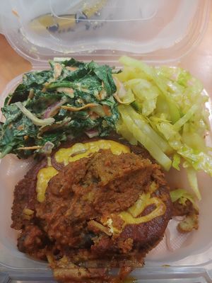 Eggplant parmesan, sauteed cabbage and ginger collards at NuVegan in College Park