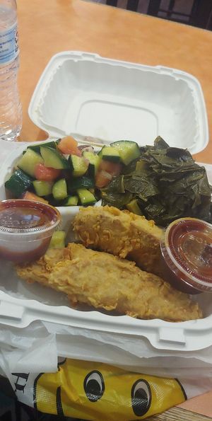 Chickn Tenders, Bbq sauce, Collard greens and Greek salad at NuVegan in College Park