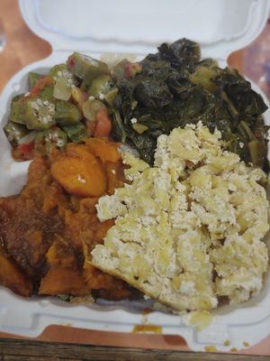 Okra & tomatoes, collards, sweet potatoes, and vegan mac at NuVegan in College Park
