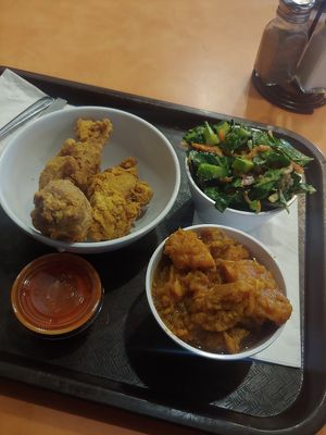 Vegan drummies, buffalo sauce, ginger collards, and sweet potatoes at NuVegan in College Park