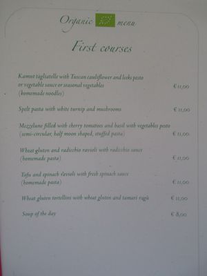 page of vegan menu (July 2015) at Terazza Einaudi in Ravenna