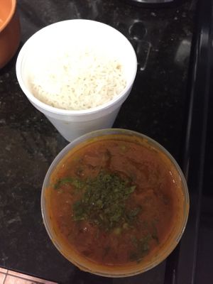 Matar mushroom to go. Sorry for the bad at home photo but it’s delicious  at The Taj of India in Martinez