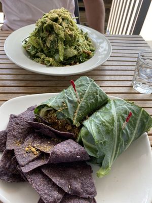 Zoodle Primivera Bowl and Tuna Chick wrap in Callard green! Delicious ! at Fruits & Roots in Stuart