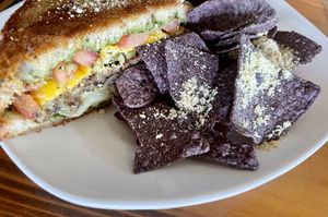 Grilled cheese with black bean burger  at Fruits & Roots in Stuart