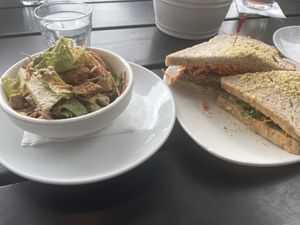 All day tempeh sandwich with side Caesar salad   at Fruits & Roots in Stuart