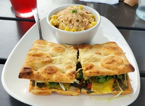 Roasted Veggie Panini with a side of Mac 'n Cheese and locally brewed kombucha at Fruits & Roots in Stuart