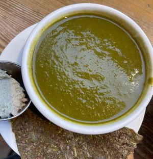 Soup of the day with raw crackers and everything you need in life   at Eternal Abundance in Vancouver