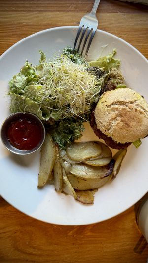 Black bean burger gf bun  at Eternal Abundance in Vancouver