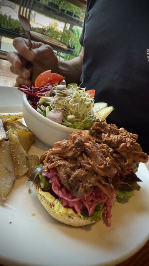 Pulled mushroom burger   at Eternal Abundance in Vancouver