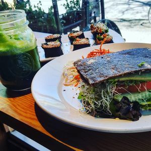 Incredible raw vegan sushi, raw vegan sandwich, and green juice at Eternal Abundance in Vancouver
