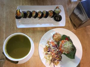 Hot Green Soup, Root Burger, Walnut Sushi at Eternal Abundance in Vancouver
