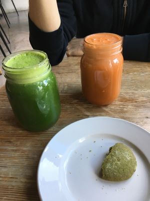 Raw juices and matcha cookie at Eternal Abundance in Vancouver