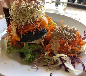 Raw Mushroom Burger on onion bread at Eternal Abundance in Vancouver