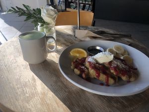 Matcha Latte and Waffles at Eternal Abundance in Vancouver
