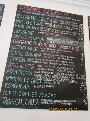 Juices/smoothies menu at Waratah Organics in Upper Ferntree Gully