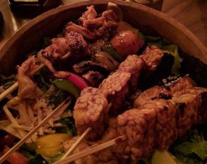 Salad bowl with mixed vegan skewers at Kismet Bar & Kitchen  in Ubud