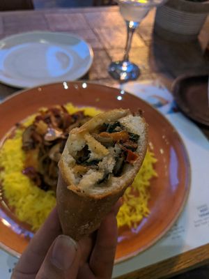 Empanadas filled with mushroom, peppers and onions. at Amigos in Skopje