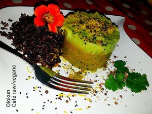 Terrina de cenoura / pepino, temperado com abacate, alho, sal, kalonji e mais e arroz proibido (arroz preto) totalmente cru, delicioso e saudável !  at Olokun in Torres Vedras