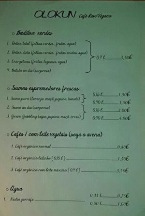 Menu at Olokun in Torres Vedras