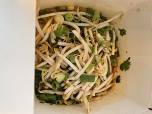 Vegan Noodle Soup (Zitronengrassuppe, Sprossen, Karotten, Koriander) take away  at my indigo in Munich