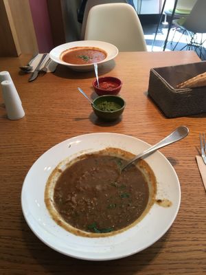 Lentil soup and tomato soup  at Nanoosh in Berlin