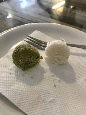 Matcha and plain coconut ball at Sweet Secret of Raw in Prague