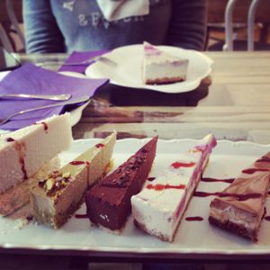 Tasting plate - from left Rawfaelo, Pistachio, Chocolate, Berry and Chocolate-Banana:) at Sweet Secret of Raw in Prague