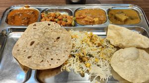 Lunch chapatti with rice and papadam at Annalakshmi Restaurant in Central Singapore