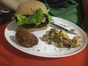 Soy burguer and baked potatoes. at Barao Natural - B3 in Sao Paulo
