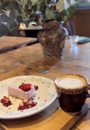 Vegan strawberry cheesecake and soy latte  at Phalam Cafe in Kyoto