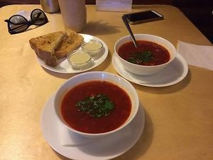 Soup du jour: borscht.  And amazing tasting garlic bread!! at Veggie Bro in Vladimir