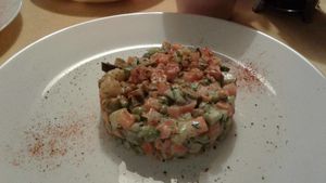 Salad olivier, complete with vegan sausage and vegan mayo.  Quite tasty! at Veggie Bro in Vladimir