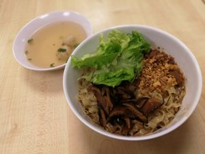 Mushroom noodle on Friday at Five Insights Hall 五观食堂 in Central Singapore