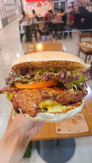 Tempelicious chilli tempeh burger with cheese at nomVnom Bistro - Clarke Quay in Central Singapore
