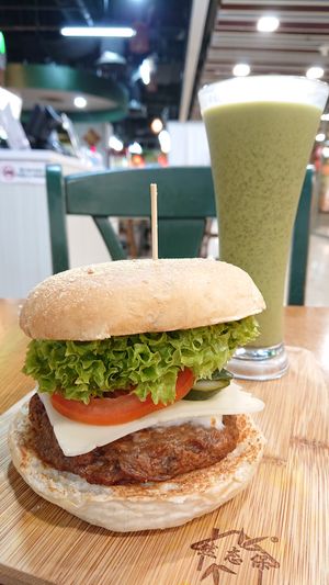 TLC mushroom cheeseburger, iced matcha latte at nomVnom Bistro - Clarke Quay in Central Singapore
