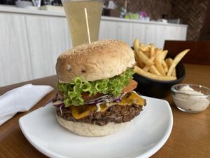 Black Peppered Cowless burger and Truffle fries at nomVnom Bistro - Clarke Quay in Central Singapore