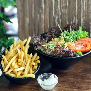 Fries and salad  at nomVnom Bistro - Clarke Quay in Central Singapore