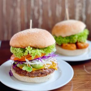 Black pepper cowless burger (front)  at nomVnom Bistro - Clarke Quay in Central Singapore